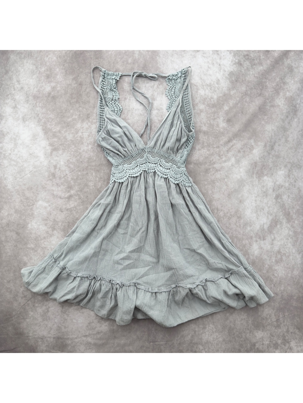 Boho Crochet Halter Backless Mini Dress Gray Size S Fairycore